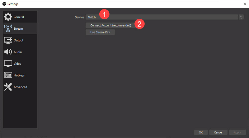 Connect Account (recommended) in obs steam setting