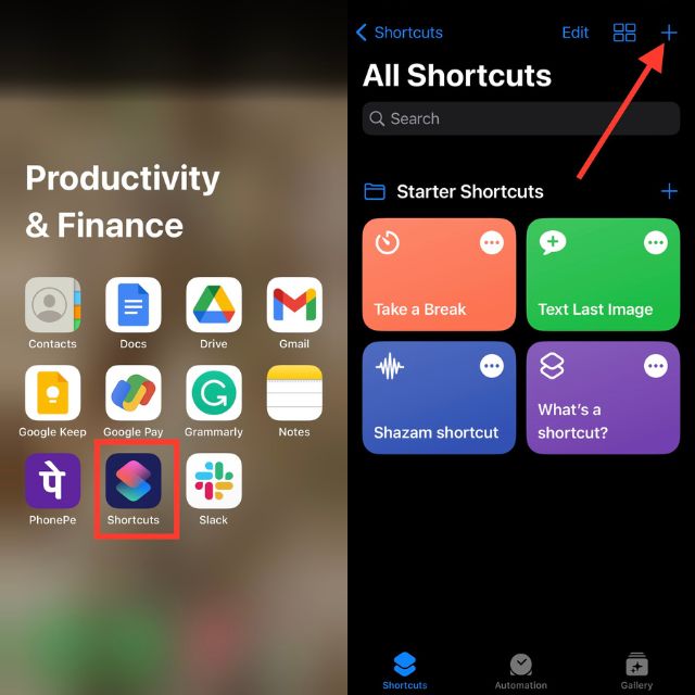 open the shortcuts app