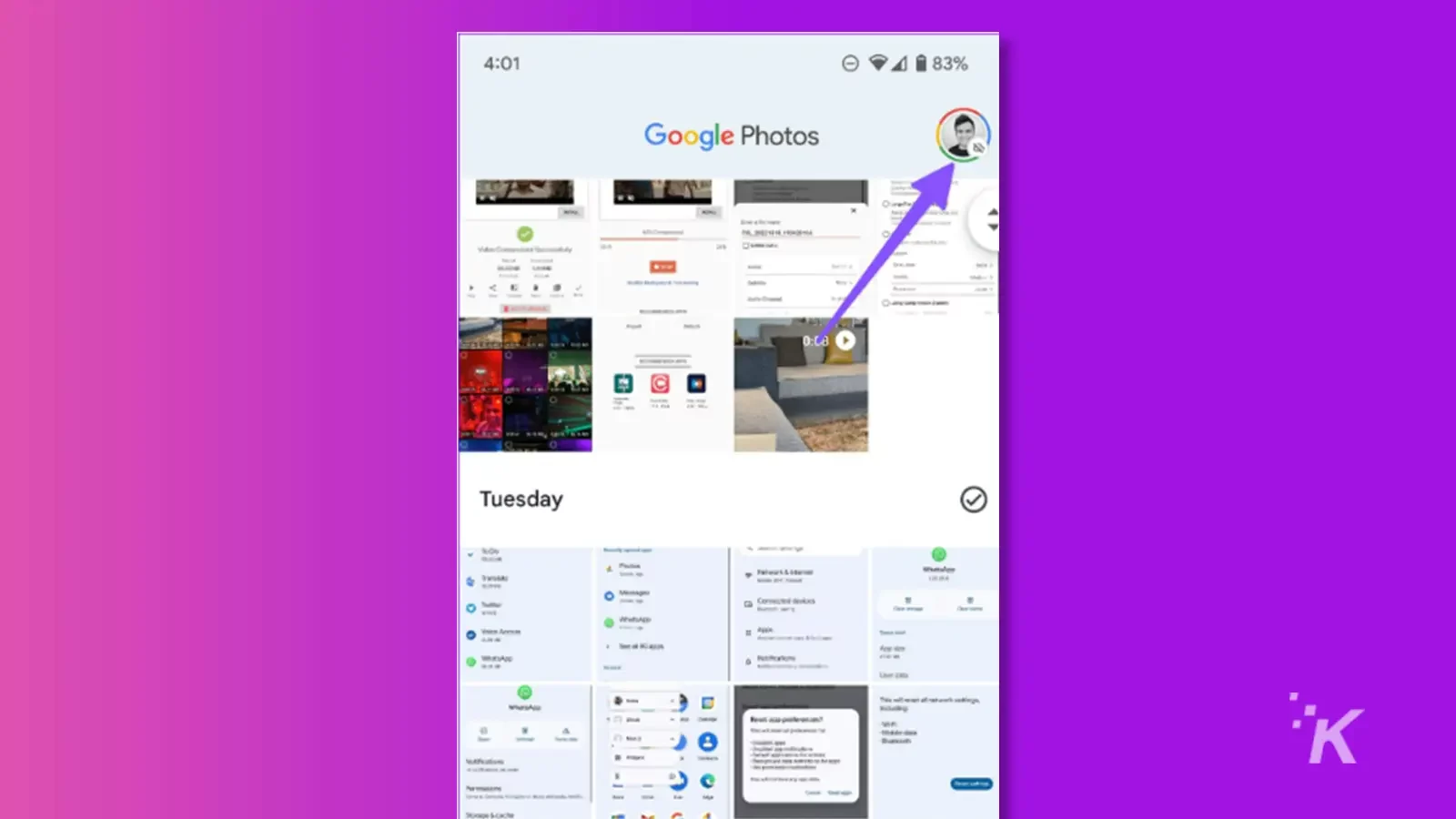 Aplicación Google Photos con una flecha apuntando al perfil