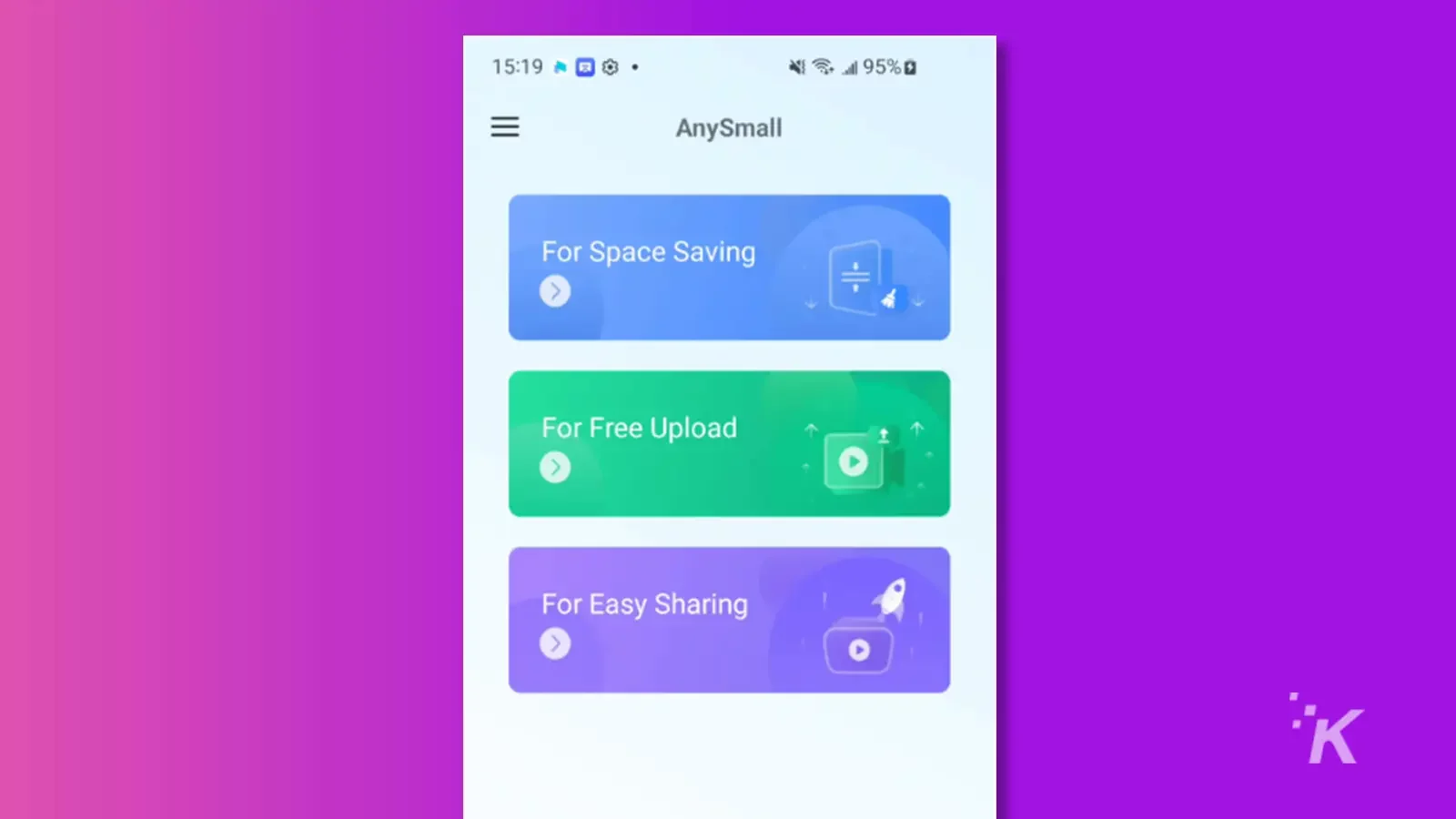 Startbildschirm der AnySmall App mit violettem Hintergrund