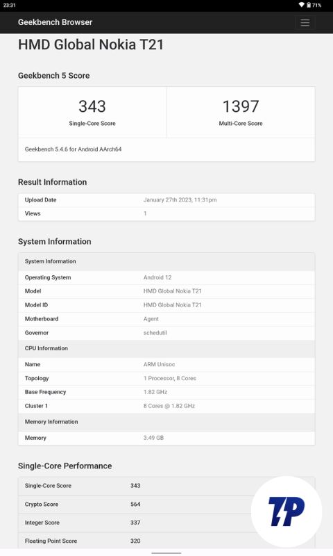 nokia t21 geekbench 5 score