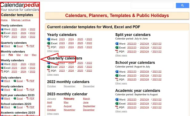 Calendarpedia ön sayfası