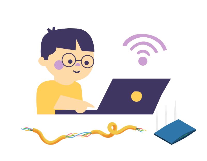 image showing boy using wifi, internet router, broken wire