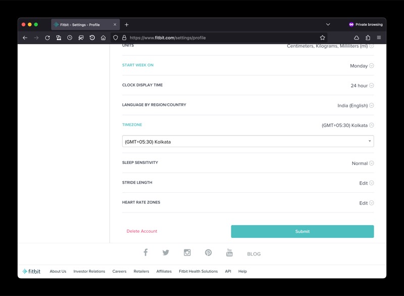 selecting time zone on fitbit dashboard