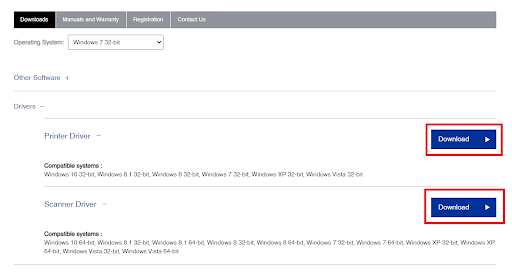 Download button of Printer Driver or Scanner Driver