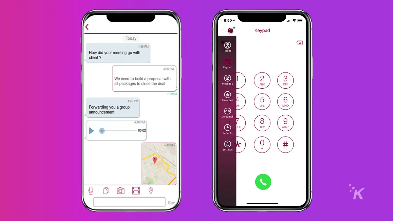 Aplicación de mensajería segura en iPhone con fondo morado