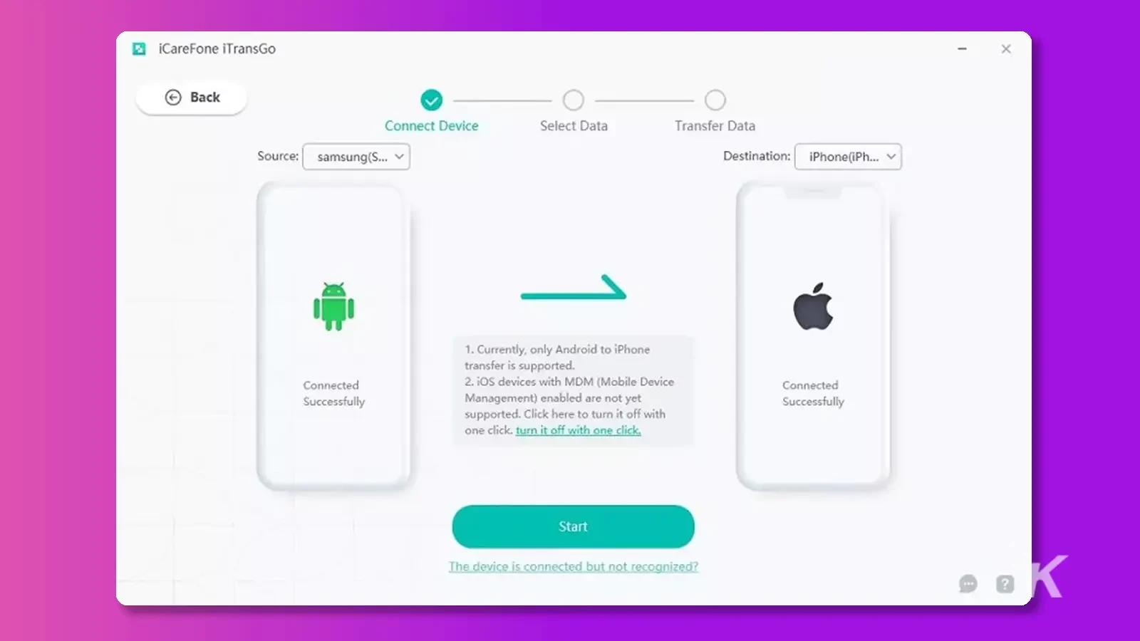 instruções de transferência do iCarephone