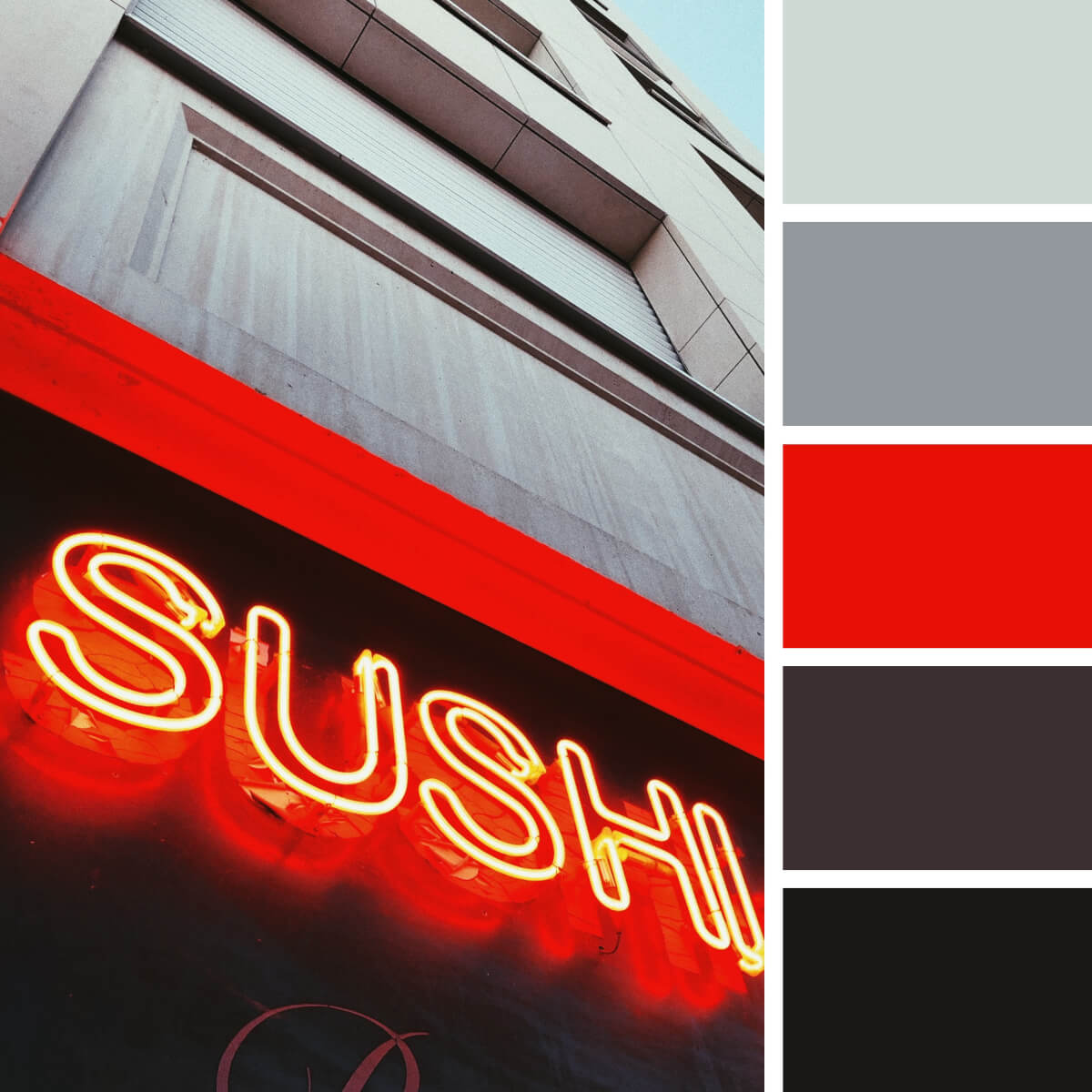 Red, brown, black, grey color combination, palette, scheme