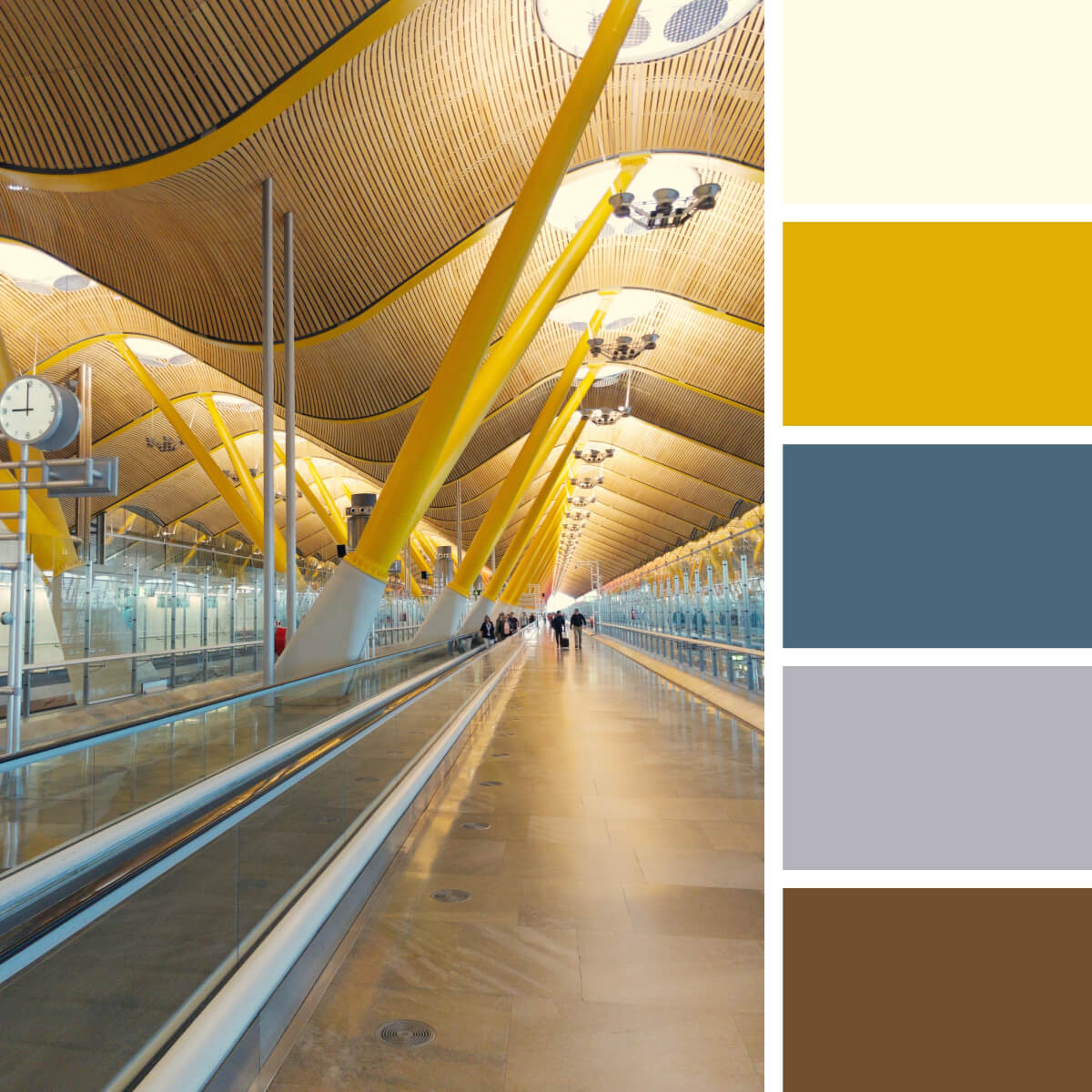 Yellow, brown, blue, grey color combination, palette, scheme