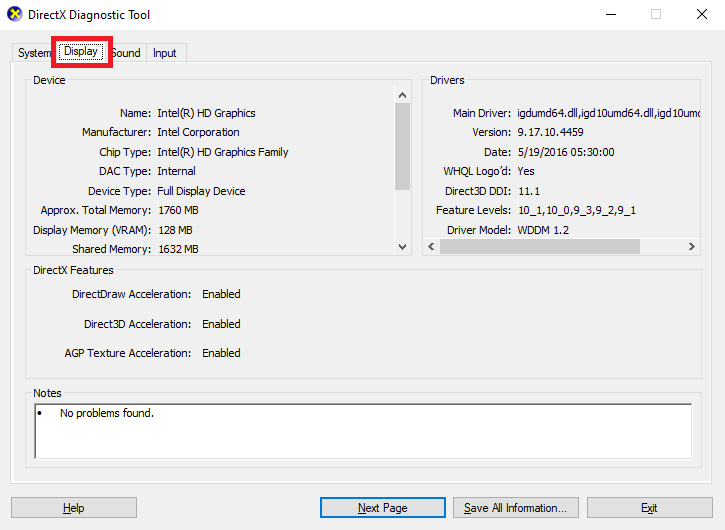 Display - DirectX Diagnostic tool