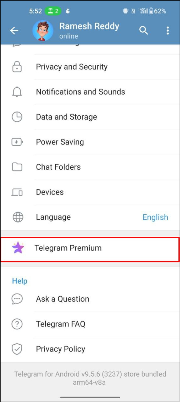 telegram main settings page