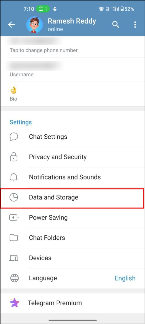 data and storage settings on telegram