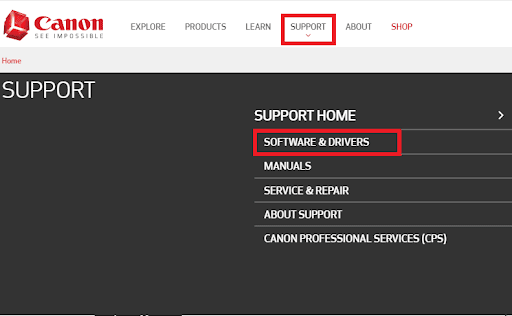 Canon SUPPORT 选项卡并单击 SOFTWARE & DRIVERS