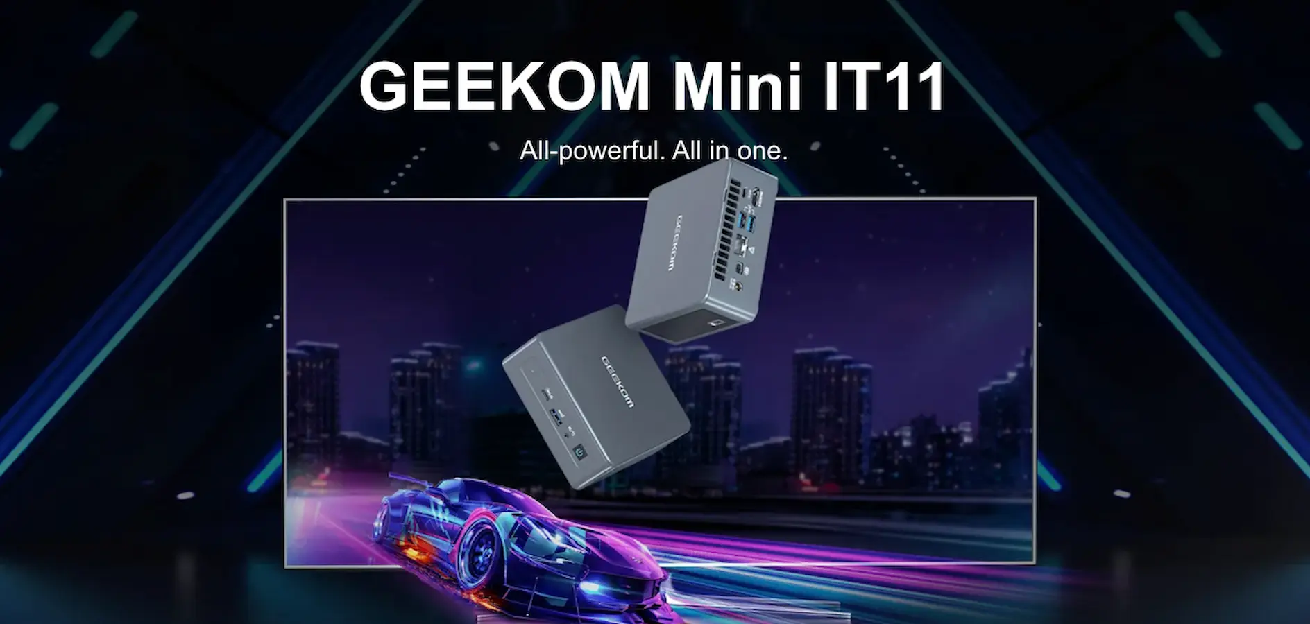 geekom mini it11 su uno sfondo viola