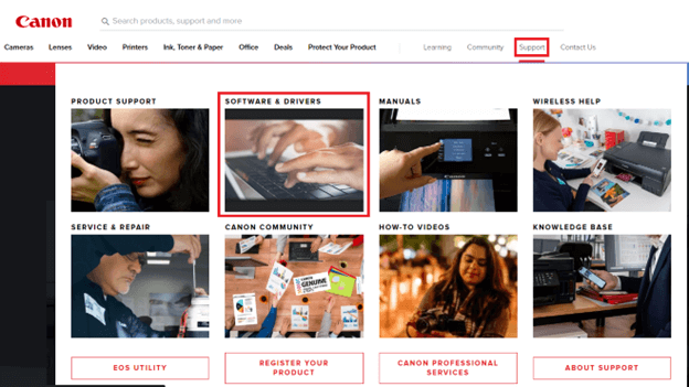 Canon Support menu and click on Software and Drivers