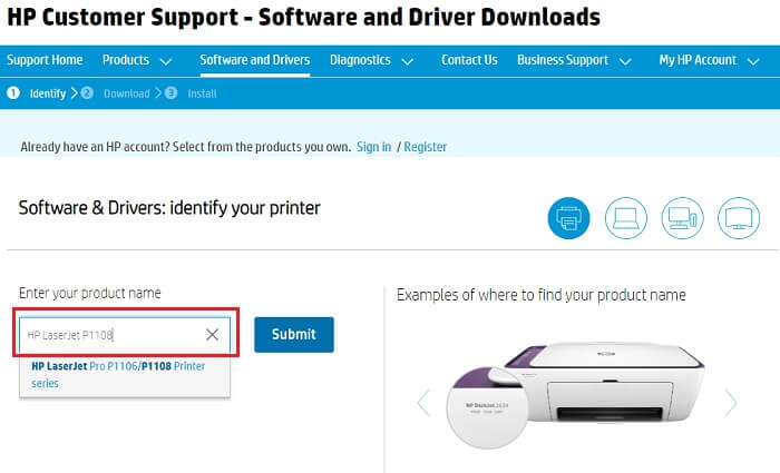 Enter HP LaserJet P1108 Product Name