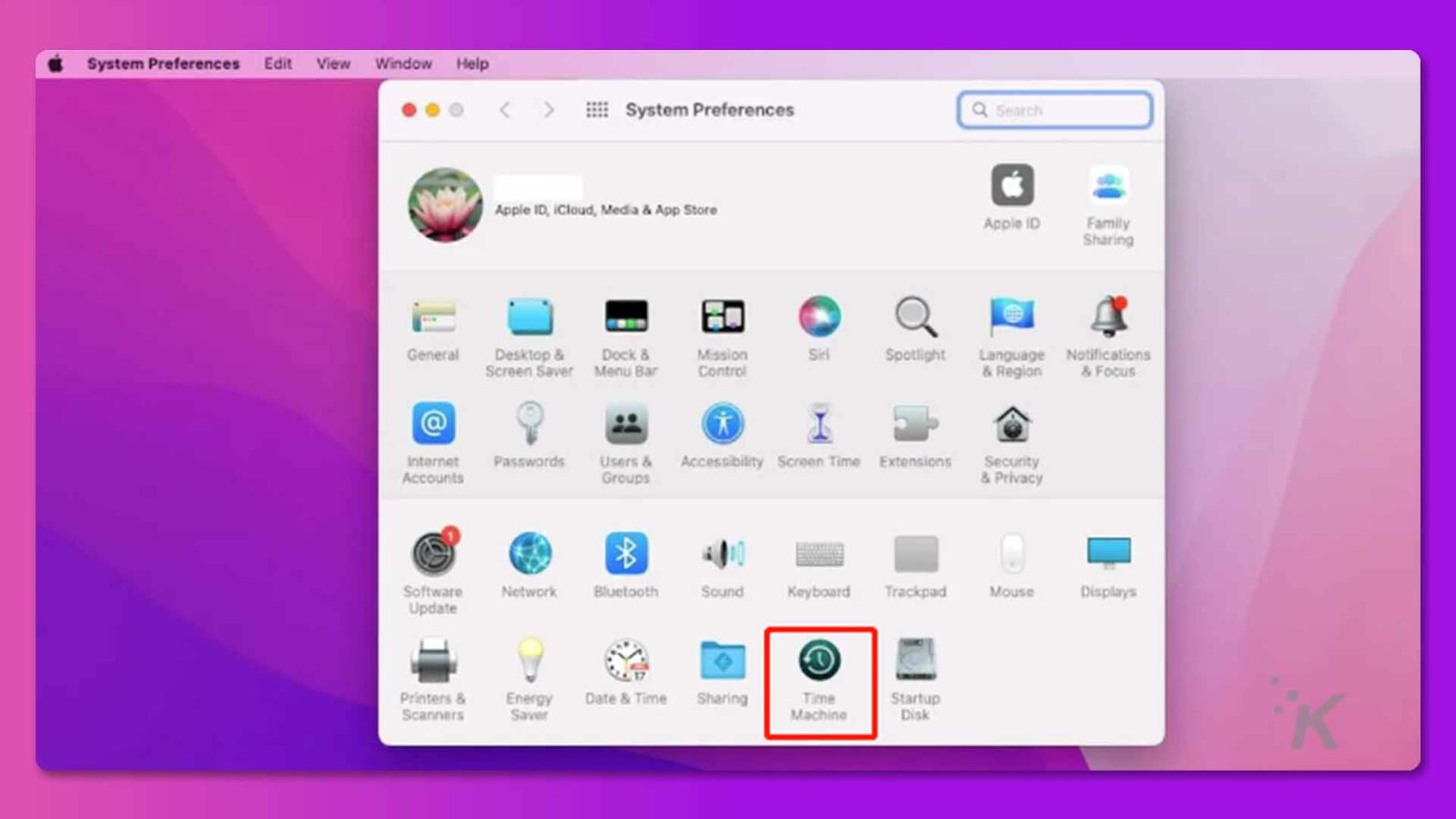 Time Machine evidenziato nelle preferenze di sistema del Mac