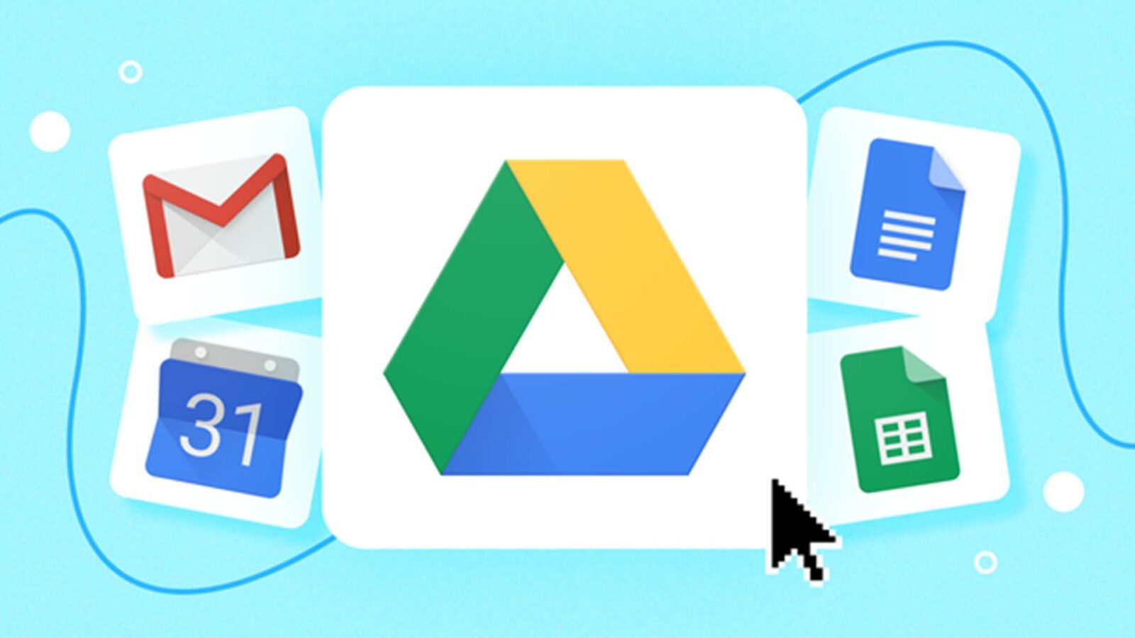 رمز Google Drive مع البريد والرموز الأخرى بخلفية زرقاء فاتحة