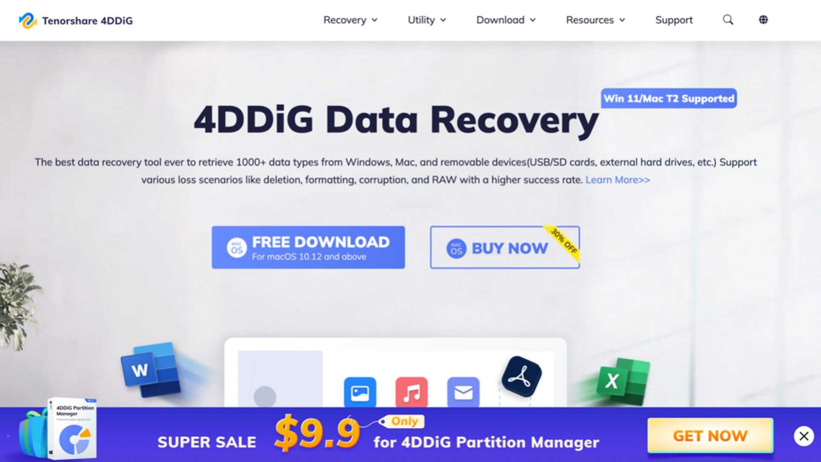 この画像は、Tenorshare の 4DDIG Recovery および Partition Manager ソフトウェアを宣伝しており、Partition Manager の 30% 割引と $9.9 のセールを提供しています。全文: Tenorshare 4DDIG リカバリ v ユーティリティ v ダウンロード v リソース v 4DDIG データ リカバリのサポート Win 11/Mac T2 対応 Windows、Mac、およびリムーバブル デバイス (USB/SD カード、外部削除、フォーマット、破損、RAW などのさまざまな損失シナリオをサポートし、成功率を高めます。詳細>> macOS 10.12 以降の OS の無料ダウンロードが 30% オフ 今すぐ購入 W X 4DDIG パーティション マネージャー $9.9 4DDiG パーティション マネージャーのスーパー セールのみ 今すぐ入手 X