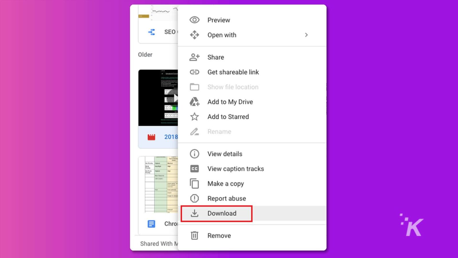 Resimde, Google Drive'da önizleme, açma, paylaşma, yeniden adlandırma, ayrıntıları görüntüleme, altyazı parçalarını görüntüleme, kopyalama, kötüye kullanımı bildirme, indirme ve paylaşılandan kaldırma seçenekleriyle bir dosya gösterilmektedir.