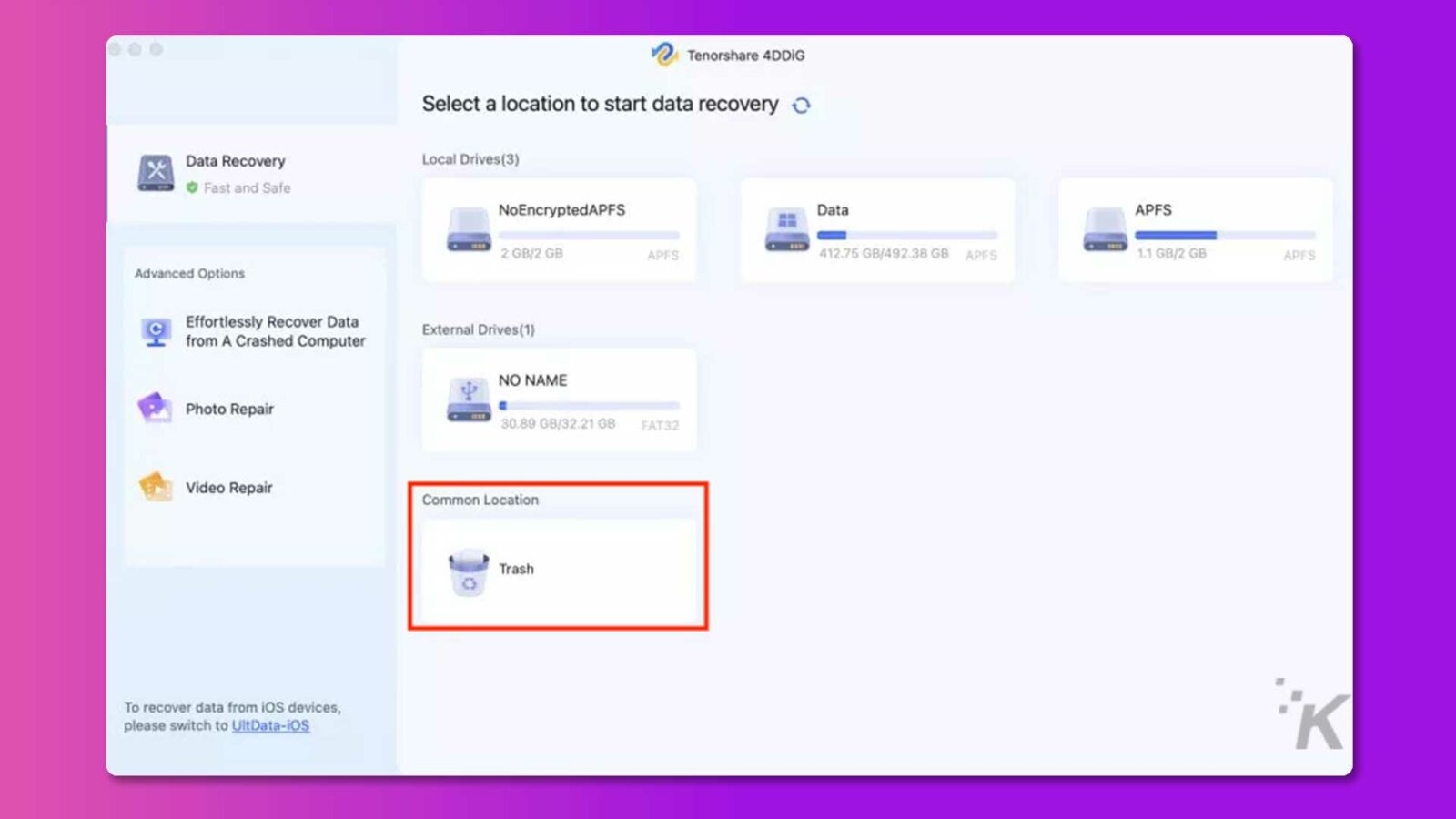 ซอฟต์แวร์กู้คืน Tenorshare 4DDIG พร้อมกล่องสีแดงรอบถังขยะ