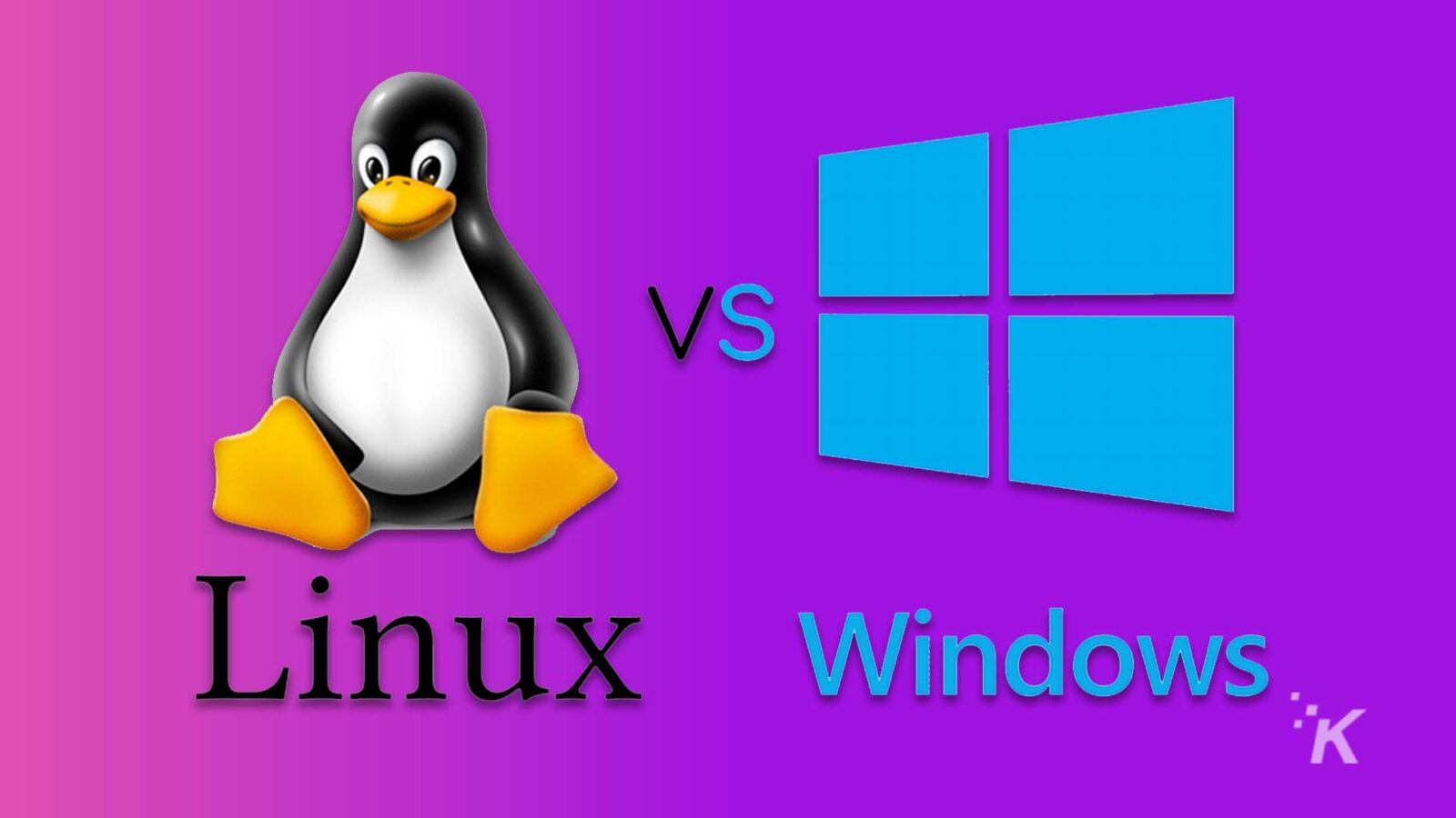 클립 아트 이미지에서 "VS Linux Windows K"라는 텍스트가 있는 표지판을 들고 있는 만화 펭귄.