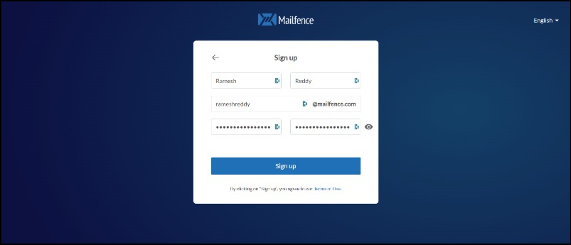 mailfence email signup page