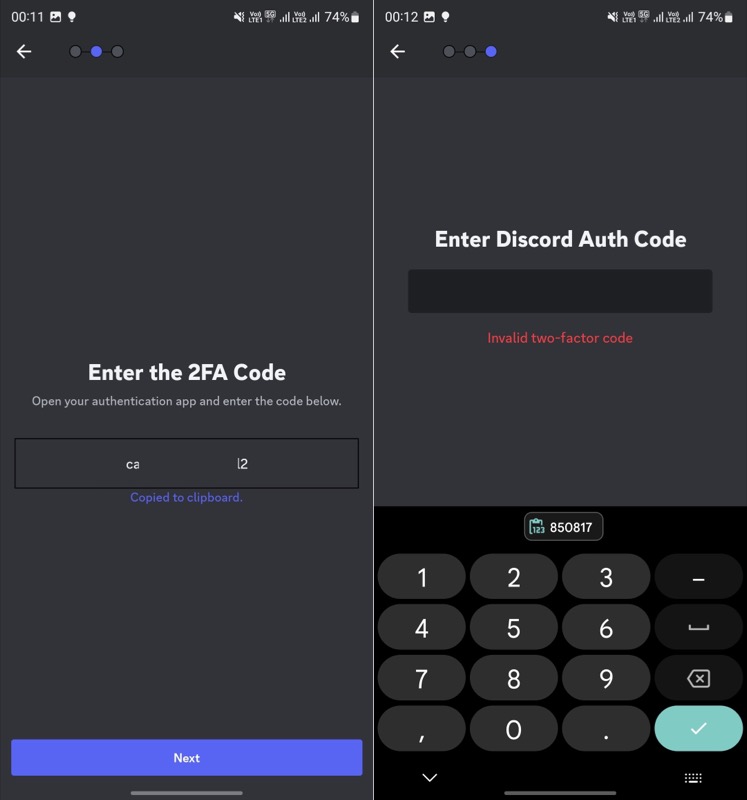 entering 2fa auth code on discord app