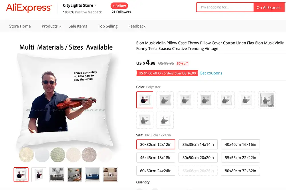 Screenshot di un elenco di Ali Express in cui, per qualche motivo, l'immagine di Elon con in mano un violino è stata sovrapposta a un cuscino bianco con la didascalia "Non ho assolutamente idea di come si suoni il violino".