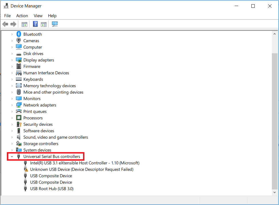 Na janela do Gerenciador de dispositivos, vá para a categoria Universal Serial Bus Controllers