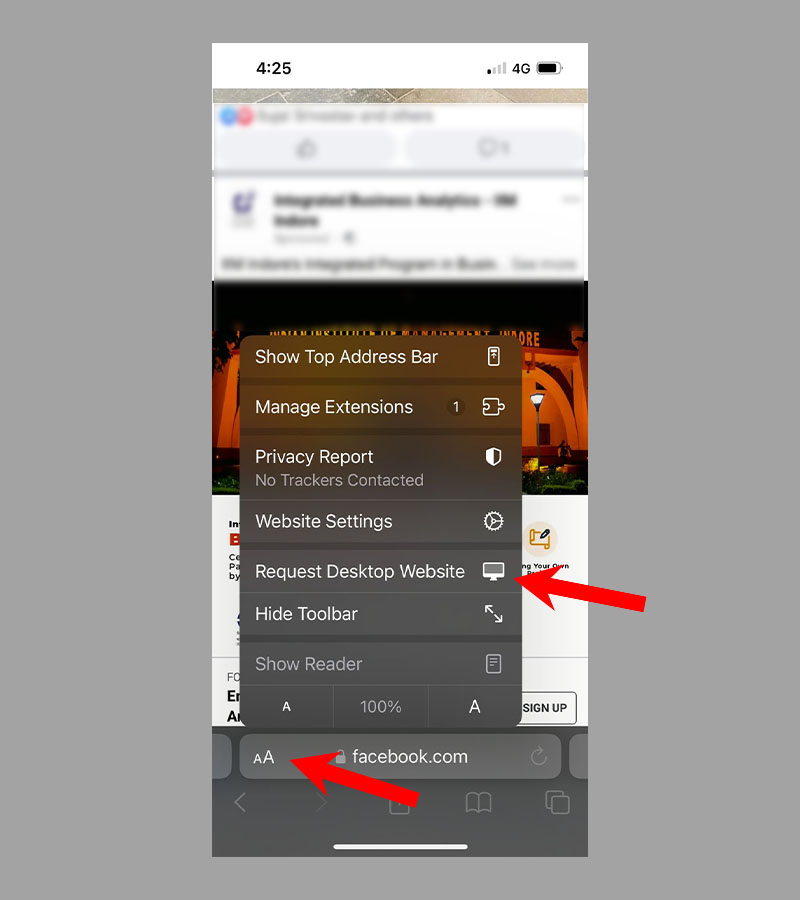 how to open facebook desktop site on mobile safari