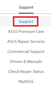 Support page of Asus