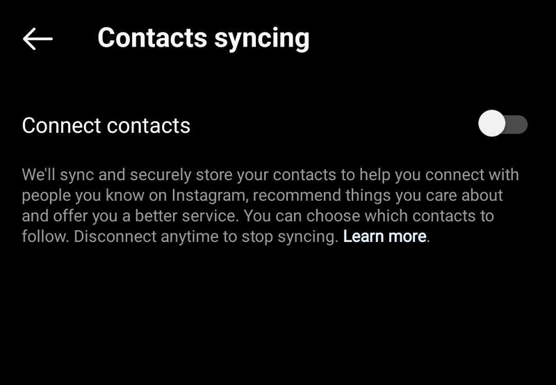 turn off contact syncing on instagram