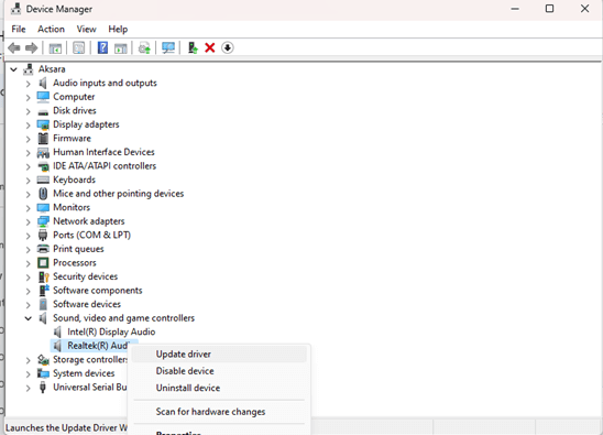 Update Audio Driver from Device manager