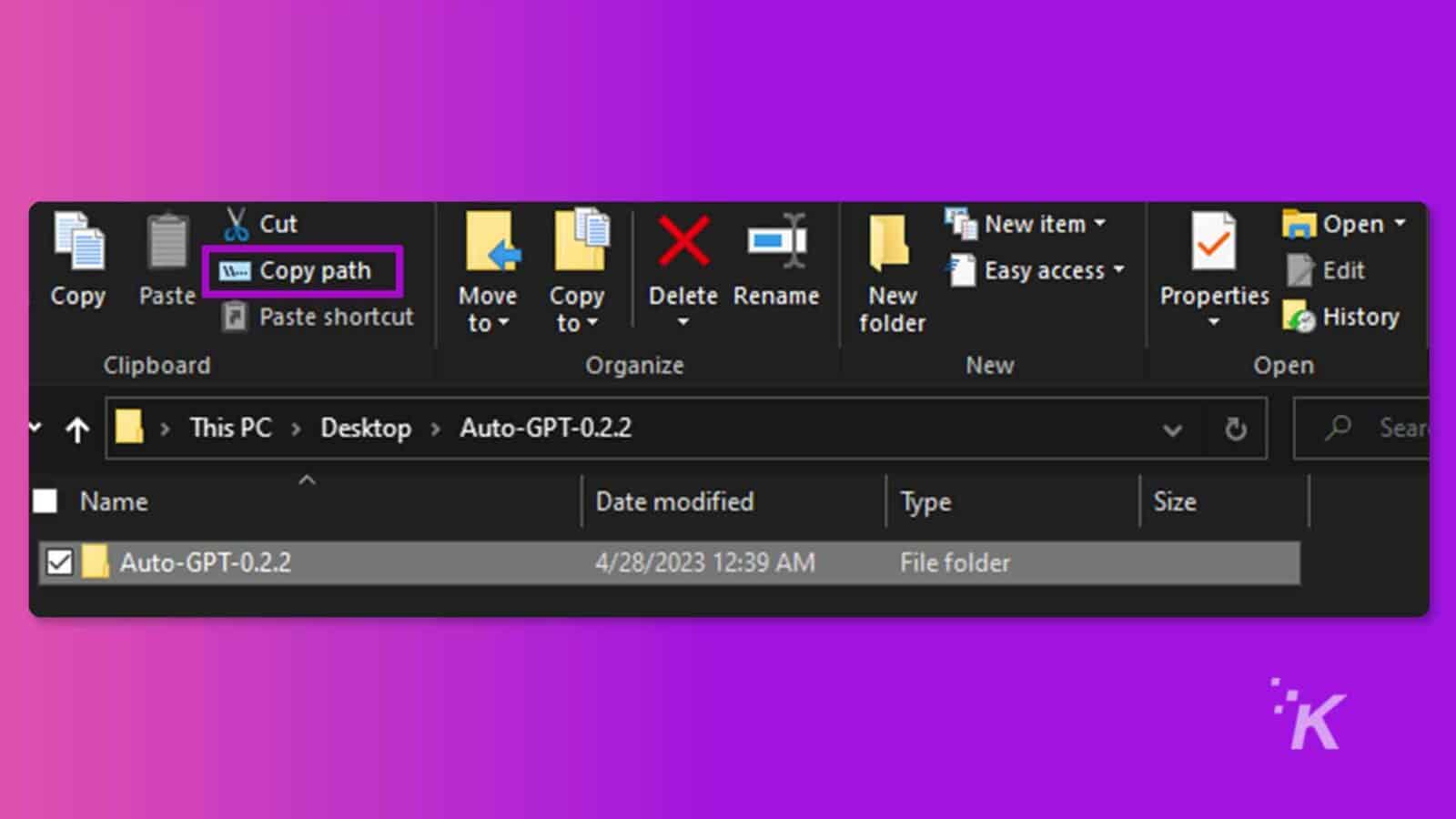 Gambar menunjukkan folder di desktop komputer yang berisi file bernama "Auto-GPT-0.2.2" dengan propertinya seperti tanggal diubah, jenis, dan ukuran. Teks Lengkap: & Potong Item baru - V Buka jalur Salin Akses mudah Edit Salin Tempel Pintasan Pindahkan Salin Hapus Ganti nama Properti Baru ke + ke + folder Riwayat Clipboard Atur Buka Baru > PC Ini > Desktop > Auto-GPT-0.2.2 V Sear Nama Tanggal diubah Jenis Ukuran Auto-GPT-0.2.2 28/04/2023 12:39 File folder IK