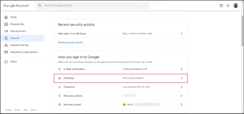 google account security tab