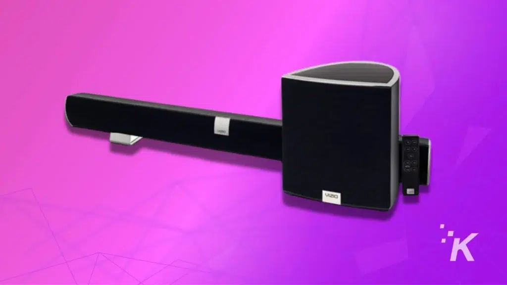 紫色背景上的 vizio 条形音箱扬声器系统图像