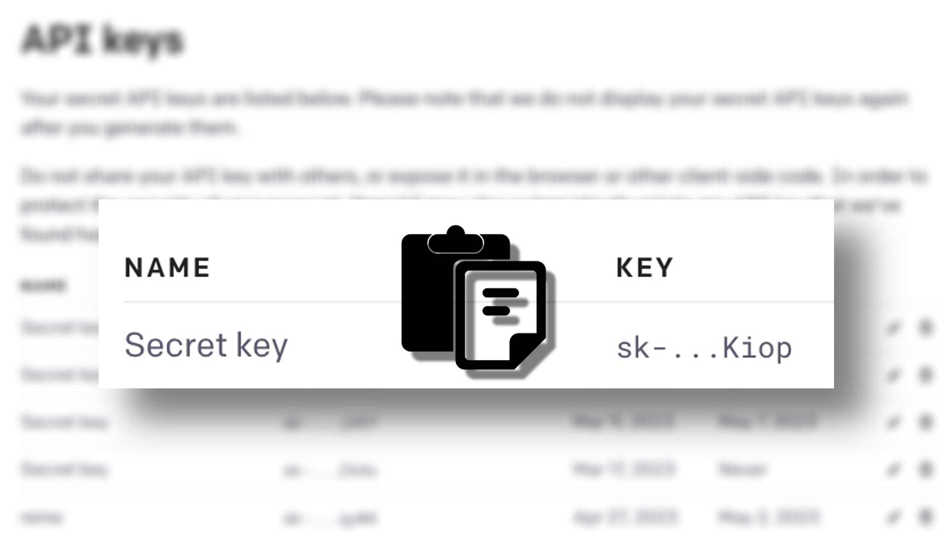 该图显示了用于身份验证的 API 密钥及其关联密钥的示例。全文：API 密钥 NAME KEY 秘密密钥 sk -... Kiop