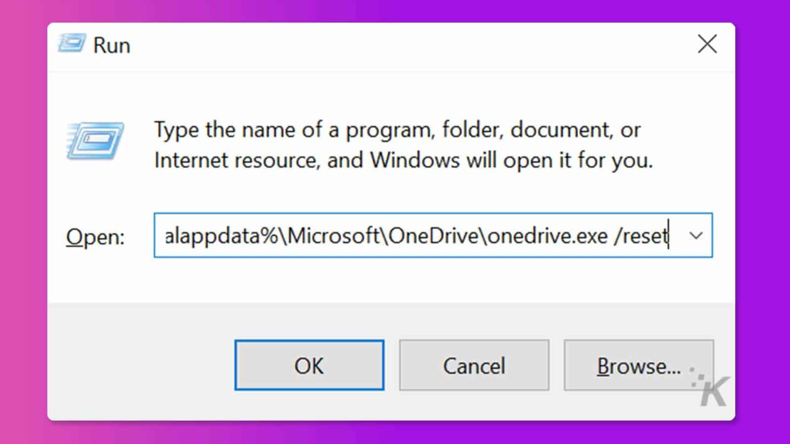 Gambar menunjukkan prompt yang meminta pengguna untuk mengetikkan nama program, folder, dokumen, atau sumber daya Internet untuk membukanya di Windows. Teks Lengkap: Jalankan X Ketikkan nama program, folder, dokumen, atau sumber daya Internet, dan Windows akan membukanya untuk Anda. Buka: alappdata%MicrosoftOneDriveonedrive.exe /reset v OK Batal Telusuri ... . K