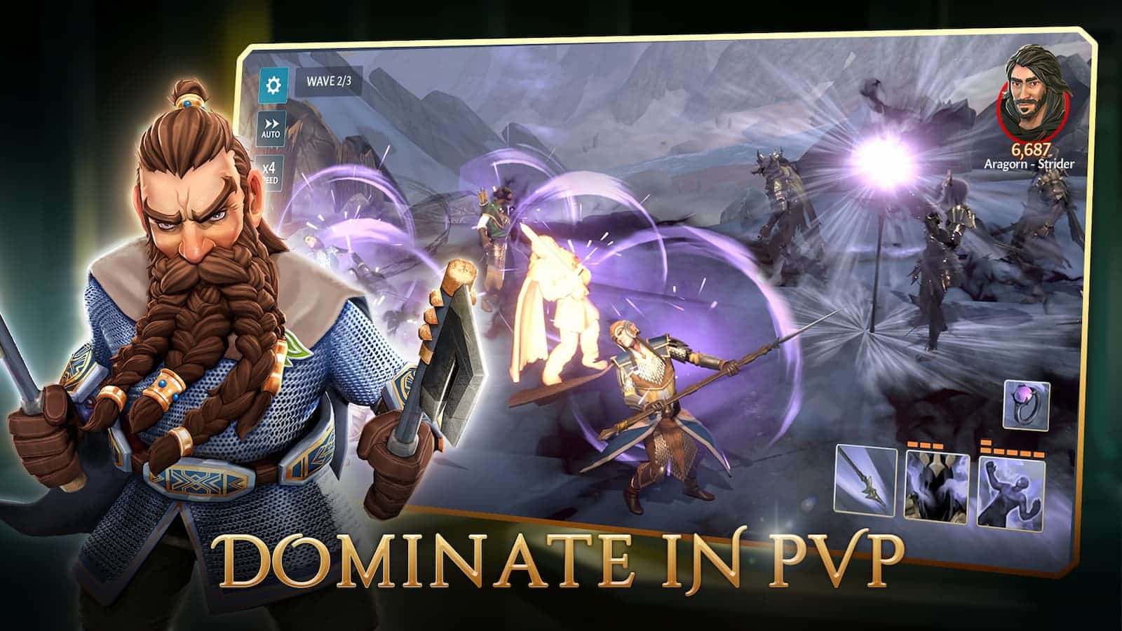 Quatro jogadores estão competindo em um jogo Player vs Player (PvP), com um deles, Aragorn-Strider, dominando a competição. Texto Completo: WAVE 2/3 AUTO 6.687. ×4 Aragorn - Strider DEED DOMINATE IN PVP