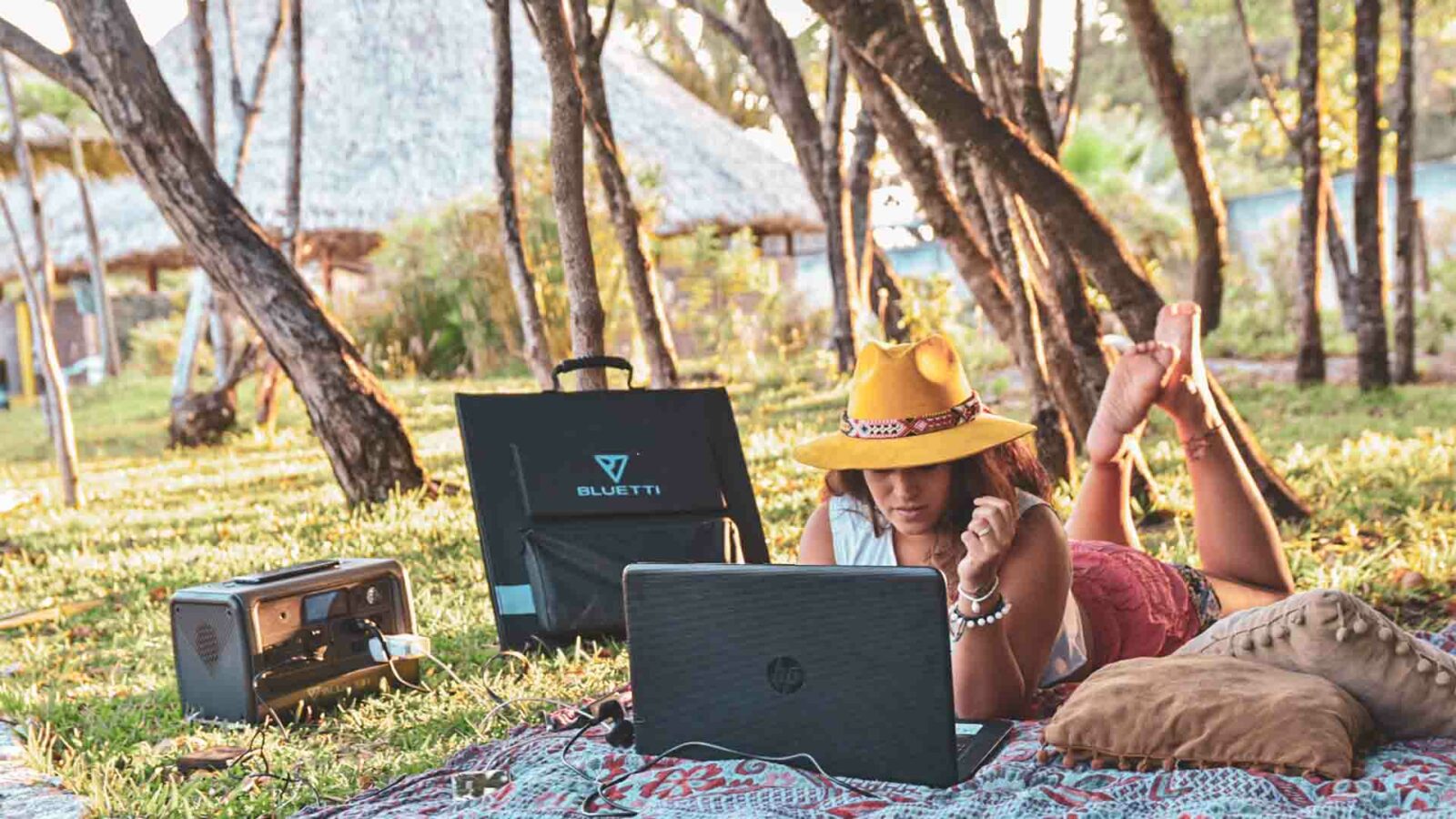 คนกำลังนั่งอยู่บนพื้นหญ้ากลางแจ้งโดยมีคอมพิวเตอร์แล็ปท็อปและต้นไม้ล้อมรอบด้วยต้นไม้