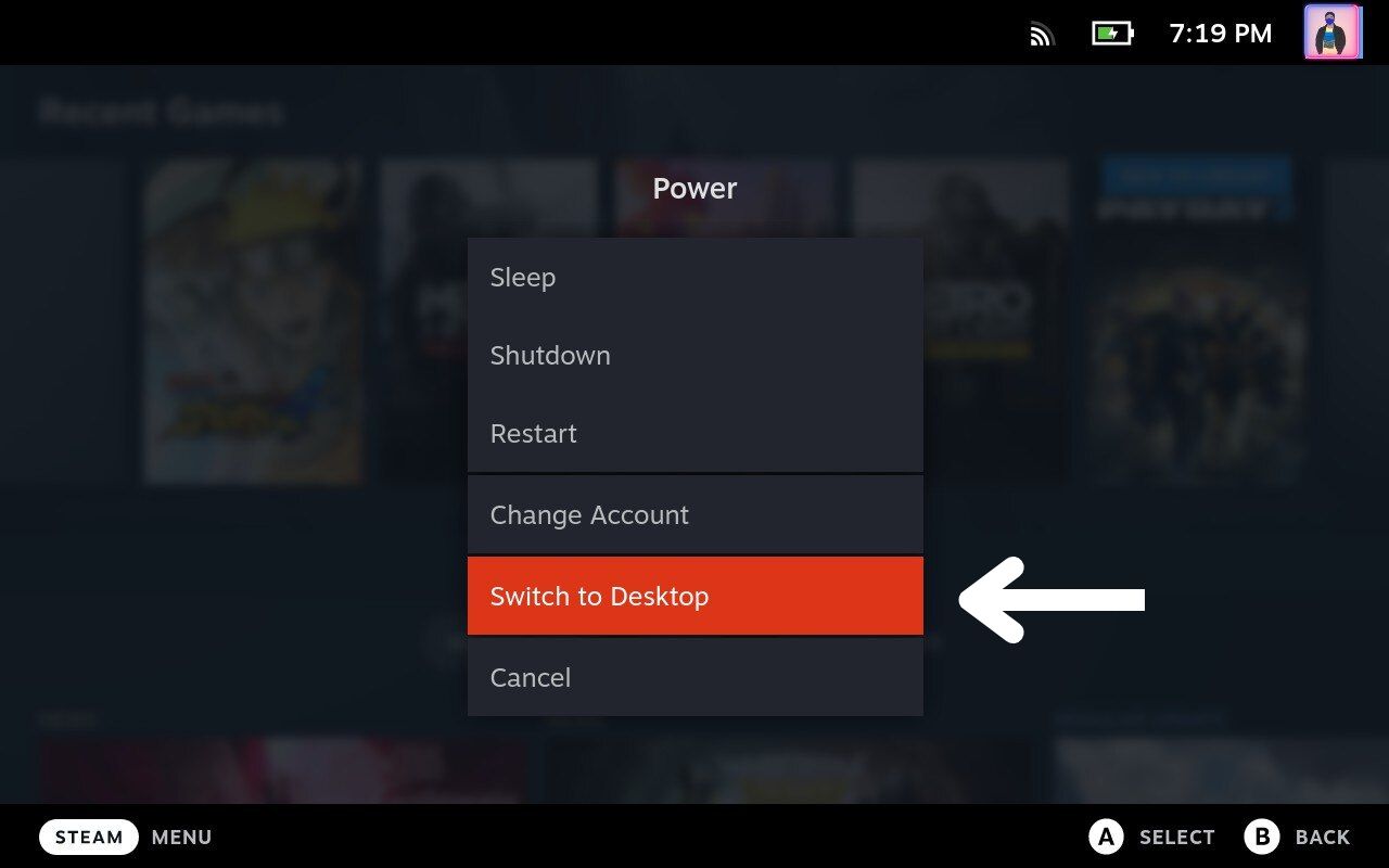 switch to desktop option on steam deck