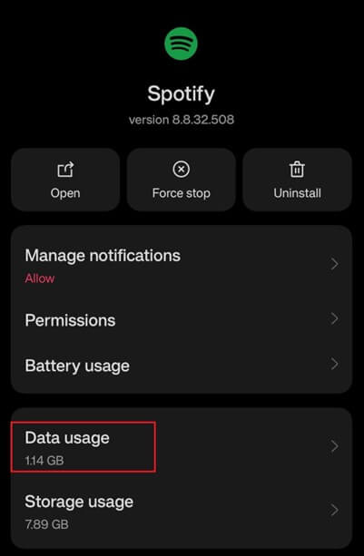 Tap on Spotify Data Usage