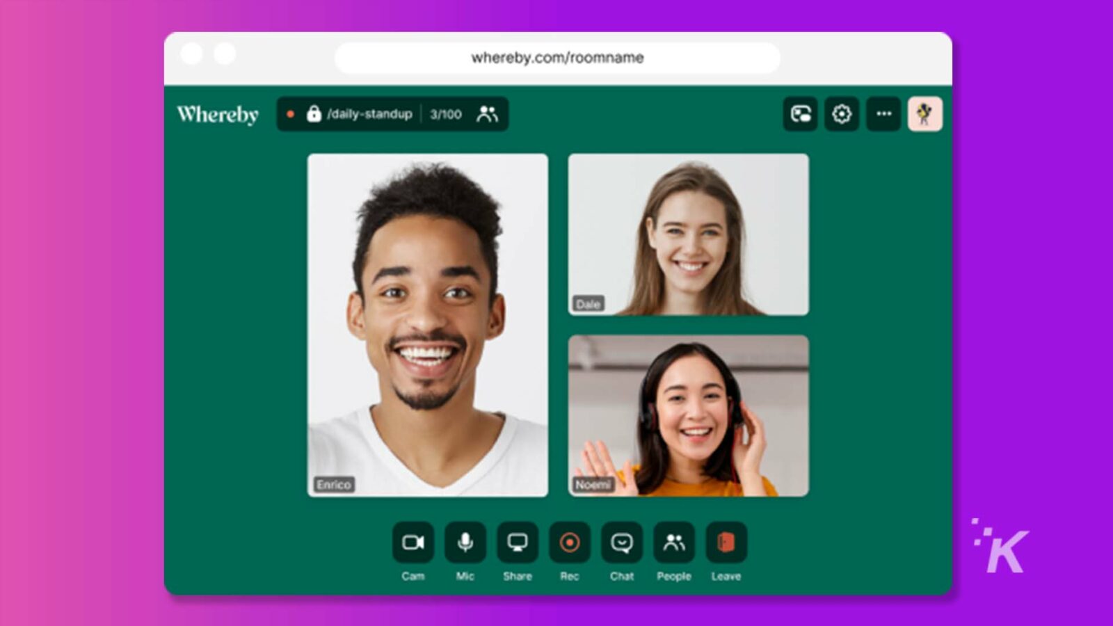 Le persone si stanno unendo a una sala riunioni virtuale chiamata "daily-standup" con 25 partecipanti, tra cui Dale, Enrico, Noemi e Cam. Testo completo: whereby.com/roomname ... Whereby . @ /daily-standup | 3/100 25 Dale Enrico Noemi ·K O Cam Mic Share Rec Chat People Leave