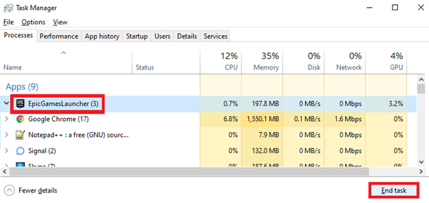 Epic Games -End Task in Task Manager