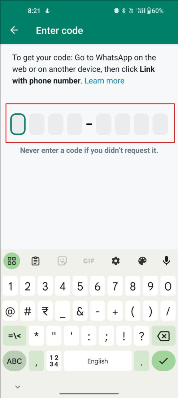 whatsapp enter the code