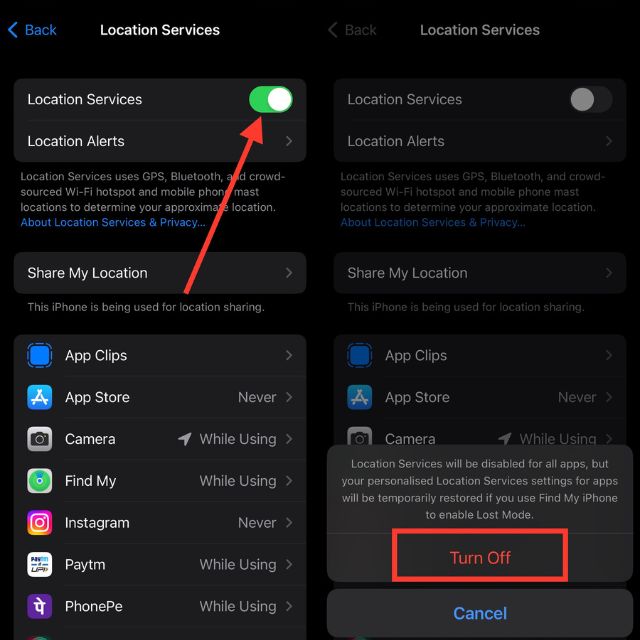 turn off the toggle right to location services