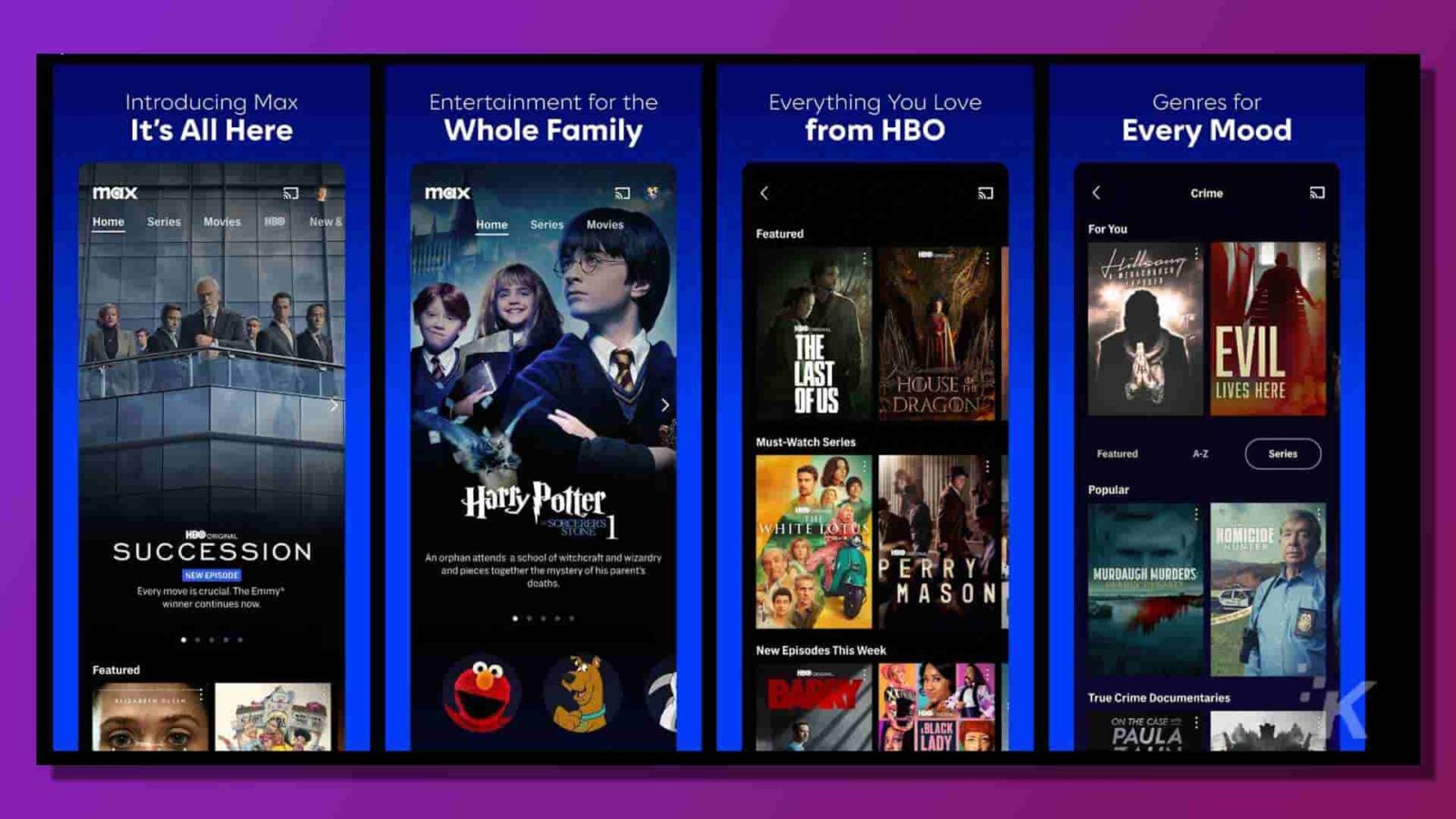 Dalam gambar ini, berbagai genre hiburan dari HBO diperkenalkan, termasuk film, serial, dan dokumenter, dengan judul unggulan seperti The Last of Us, Harry Potter, Succession, dan Perry Mason Murders. Teks Lengkap: Memperkenalkan Max Entertainment untuk Semuanya Di Sini Seluruh Keluarga Semua yang Anda Cintai Genre untuk dari HBO Setiap Suasana Hati V maks V Film Seri Rumah Kejahatan Baru & Film Seri Rumah Ditampilkan Untuk Anda ... Hillary THE EVIL LAST OF US HOUSE AF DRAGON HIDUP DI SINI Serial yang Harus Ditonton Unggulan Seri A-Z Harry Potter Populer WHITE LOTUS SUCCESSION HOMICIDE Seorang yatim piatu bersekolah di sekolah sihir HERTEN dan menyatukan misteri orang tuanya PEMBUNUHAN PERRY MURDAUGH Setiap gerakan sangat penting. Kematian Emmy. Pemenang MASON berlanjut sekarang Episode Baru Minggu Ini Menampilkan Film Dokumenter Kejahatan Sejati HITAM DI KASUS PAULA