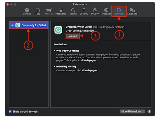 Eliminar extensión en el navegador Safari