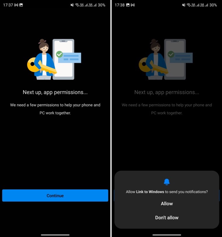 granting permissions to the link to windows app